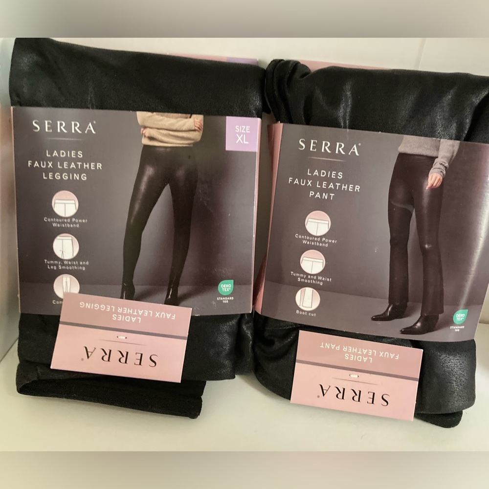 New! Serra Faux Leather Leggings & Size XL Black Pull On Shiny Stretch Set Of 2
